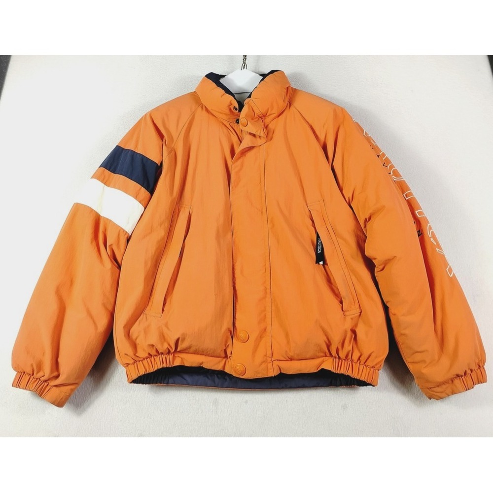 Vintage Nautica Jacket Mens‎ Small Orange Navy Down Reversible Puffer Navigation